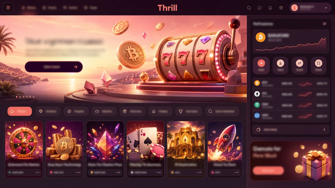 Thrill Bitcoin casino homepage with game tiles and a wallet widget
