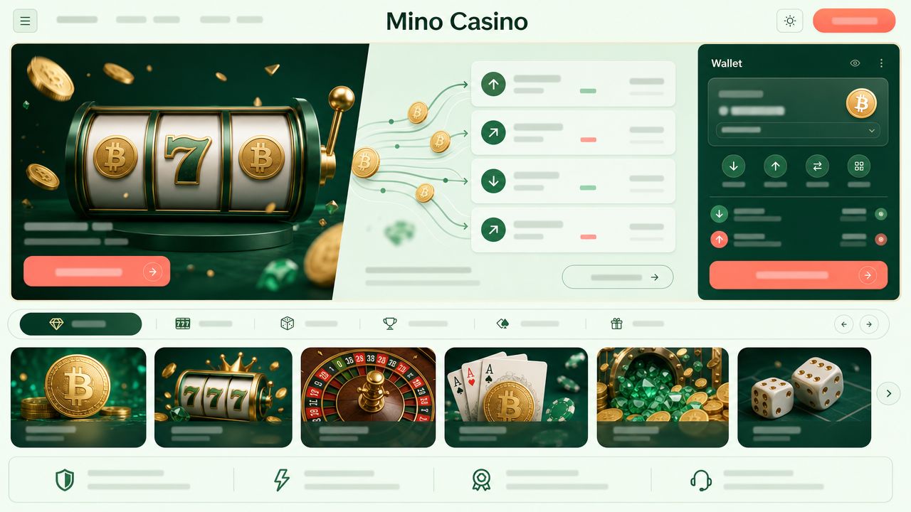 Mino Casino homepage with a mint and forest-green layout, game tiles and a wallet panel