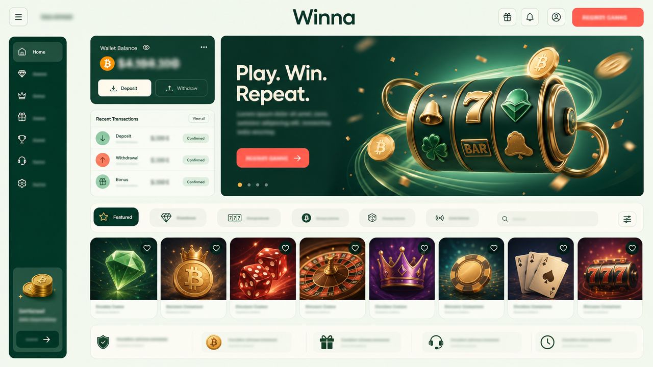 Winna casino homepage with game tiles, category tabs and a wallet panel