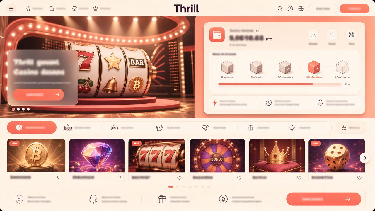 Thrill casino homepage with a coral and peach game lobby and a Bitcoin wallet panel