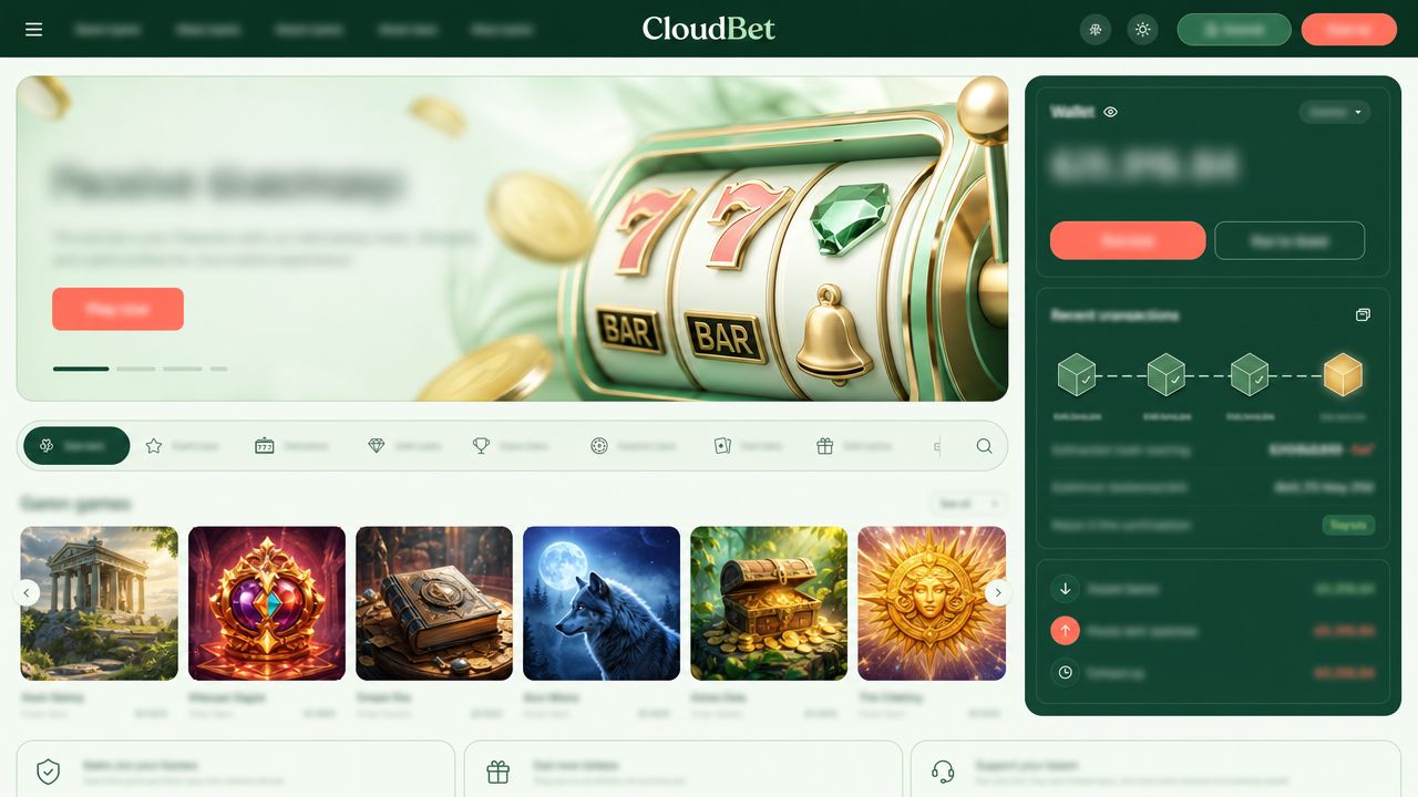 Cloudbet Bitcoin casino homepage with a wallet widget and a row of slot tiles