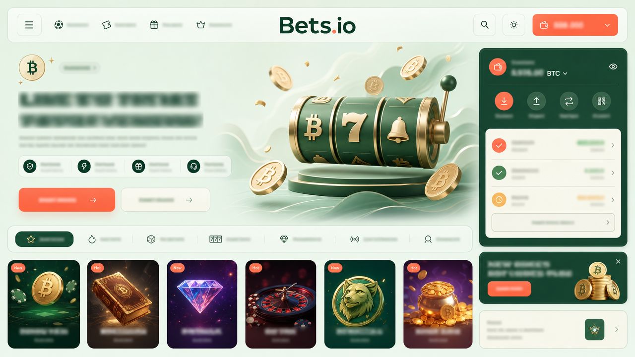 Bets.io Bitcoin casino homepage with game tiles and a wallet widget