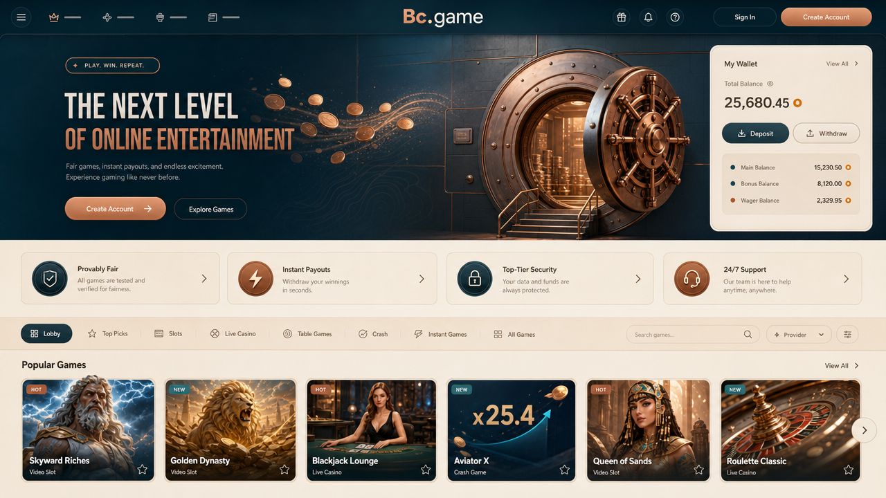 Bc.game casino homepage with game tiles, category tabs and a wallet widget