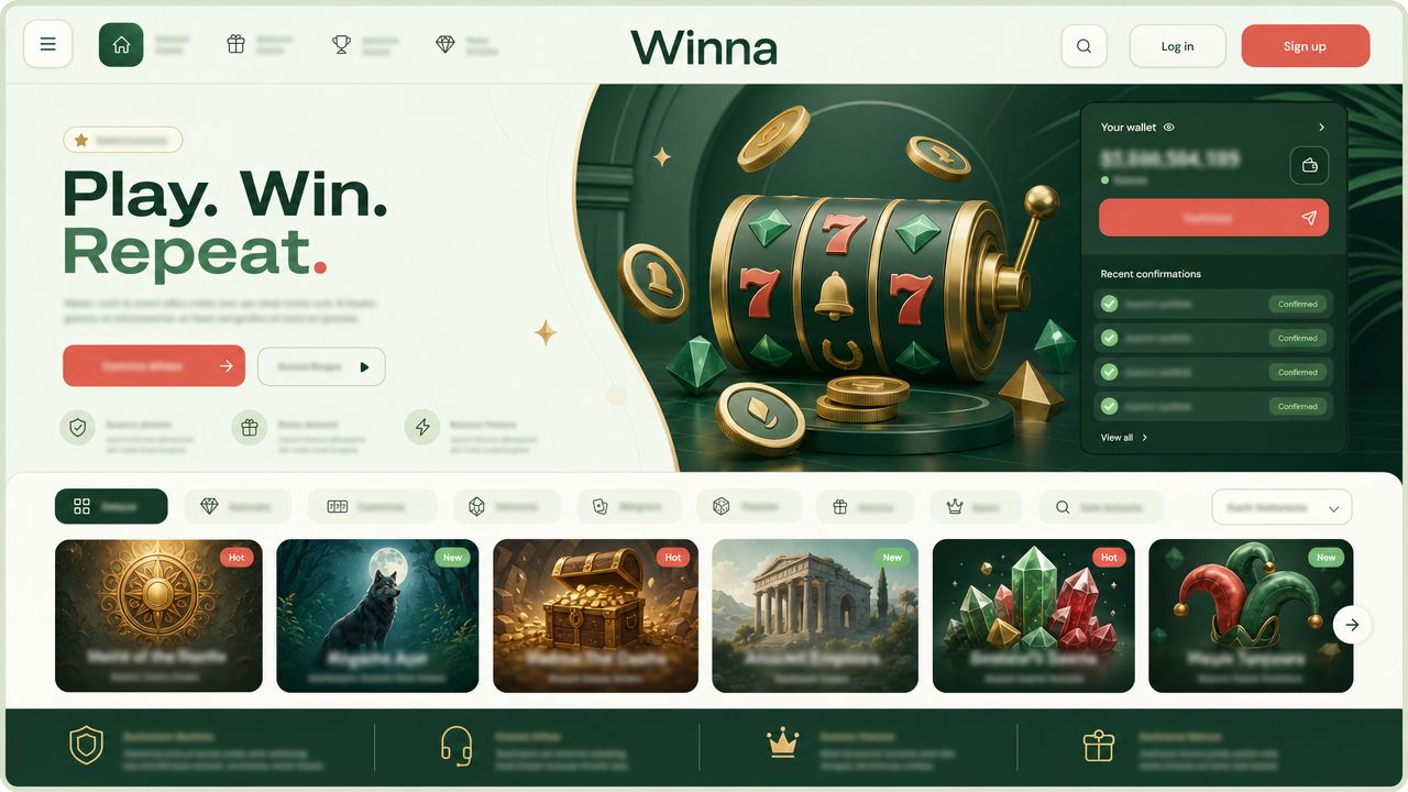 Winna casino homepage with game tiles, category tabs and a wallet widget
