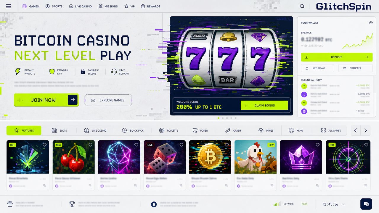 GlitchSpin Bitcoin casino homepage with a lime interface, slot reels and game tiles