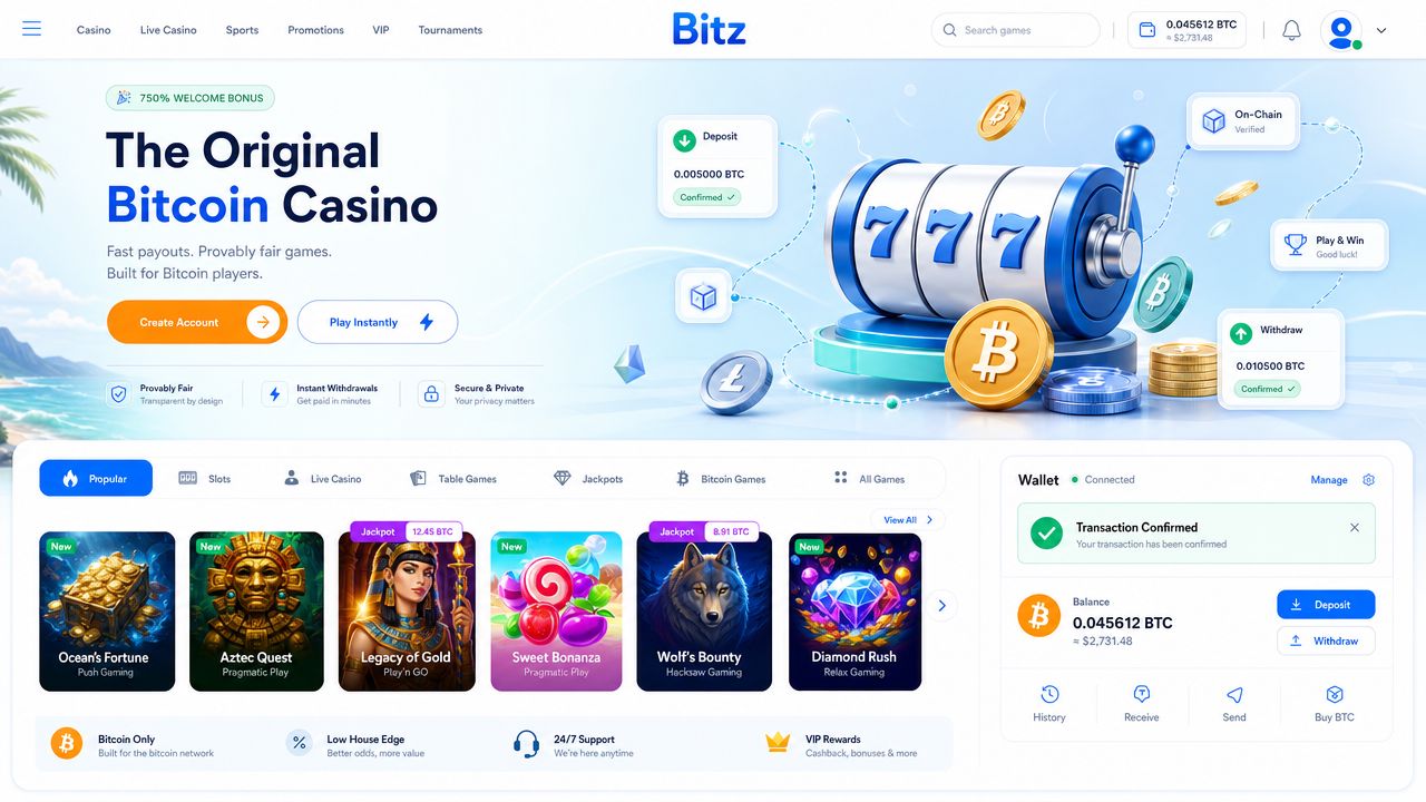 Illustrative screenshot of the Bitz Bitcoin casino homepage with game tiles and a wallet widget