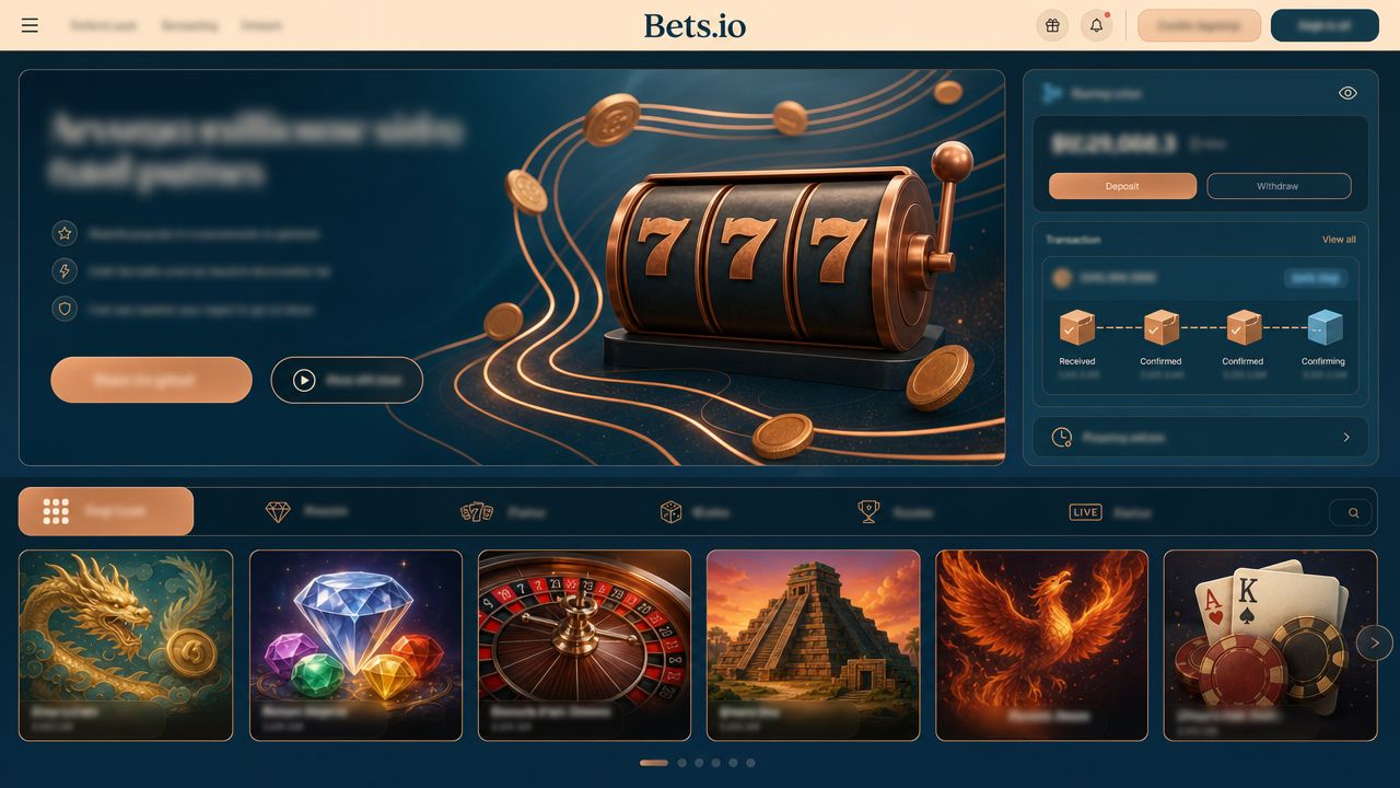 Bets.io Bitcoin casino homepage with wallet panel and game tiles