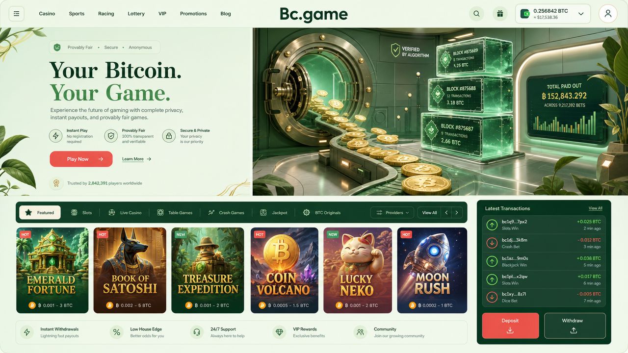 Illustrated Bc.game casino homepage with game tiles, category tabs and a wallet widget