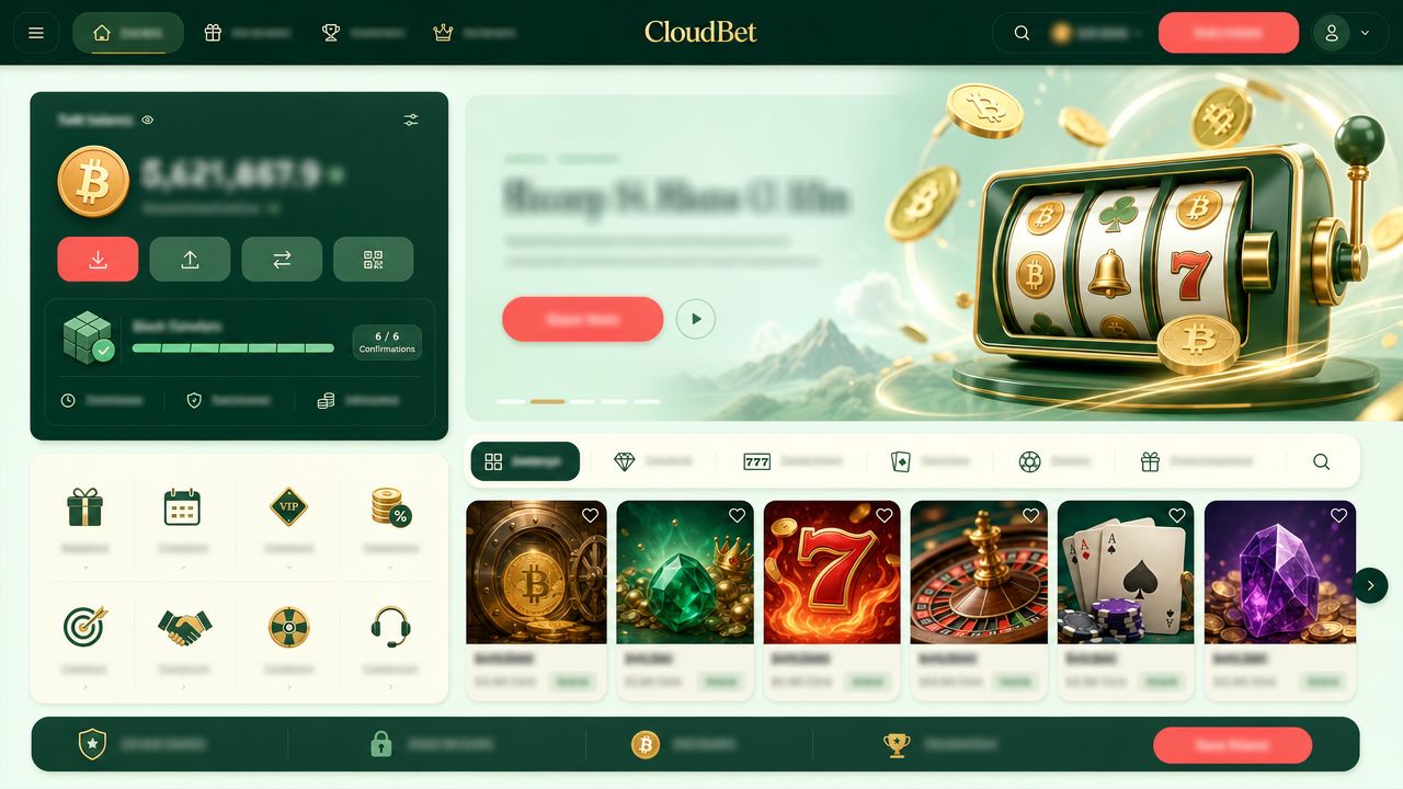 Cloudbet Bitcoin casino homepage with a wallet widget, category tabs and game tiles