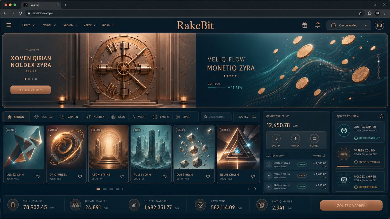 Rakebit casino homepage with wallet widget, game tabs and slot tiles
