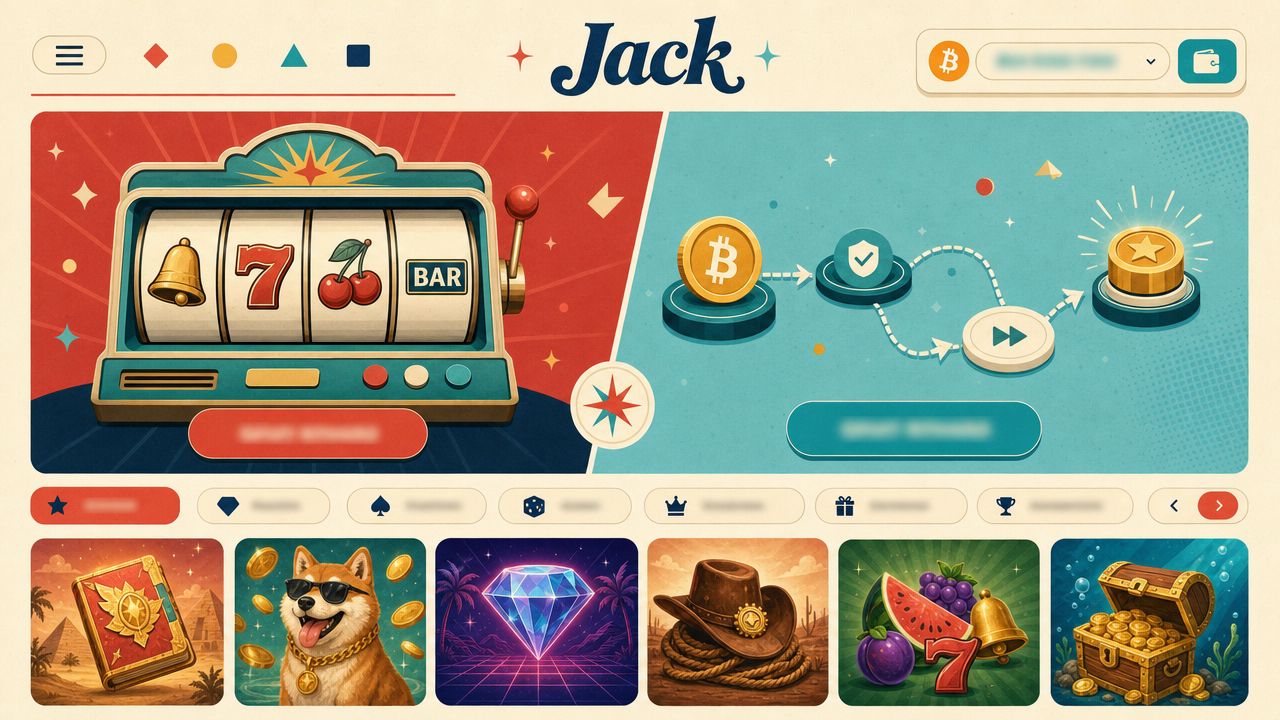Jack casino homepage with a retro colour palette, slot reels, game tiles and a wallet widget