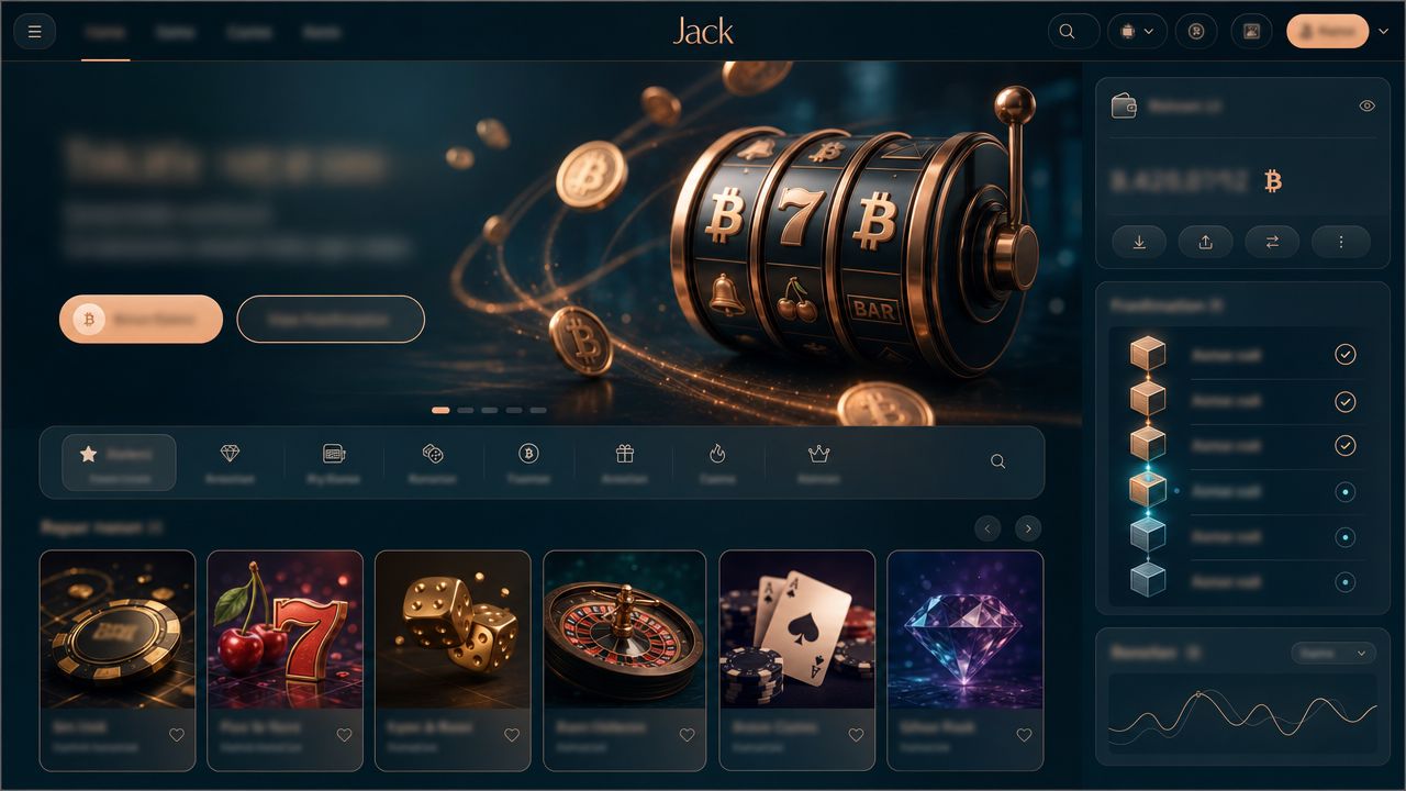 Jack casino homepage with a wallet panel, slot reels and game tiles