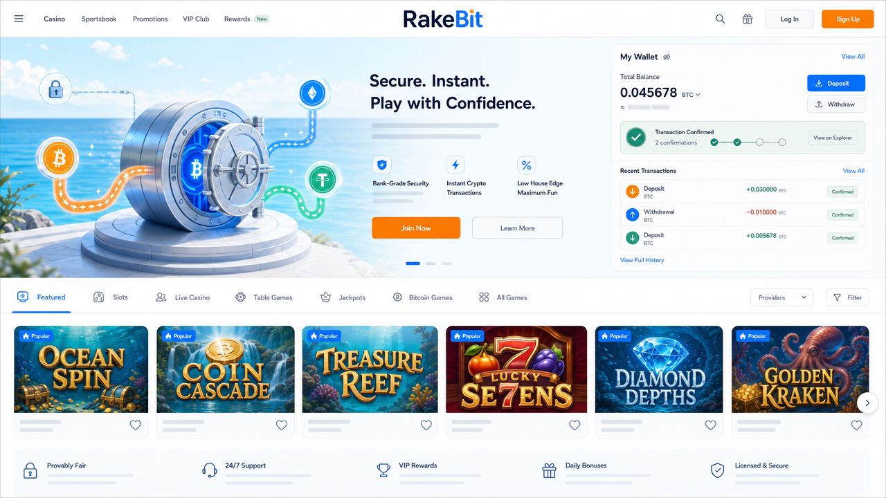 RakeBit Bitcoin casino homepage with wallet widget and slot game tiles
