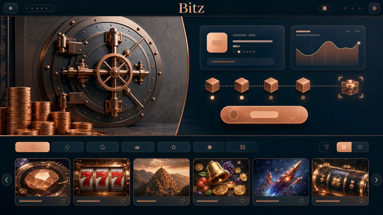 Homepage of the Bitz Bitcoin casino with a vault-themed hero banner and slot game tiles