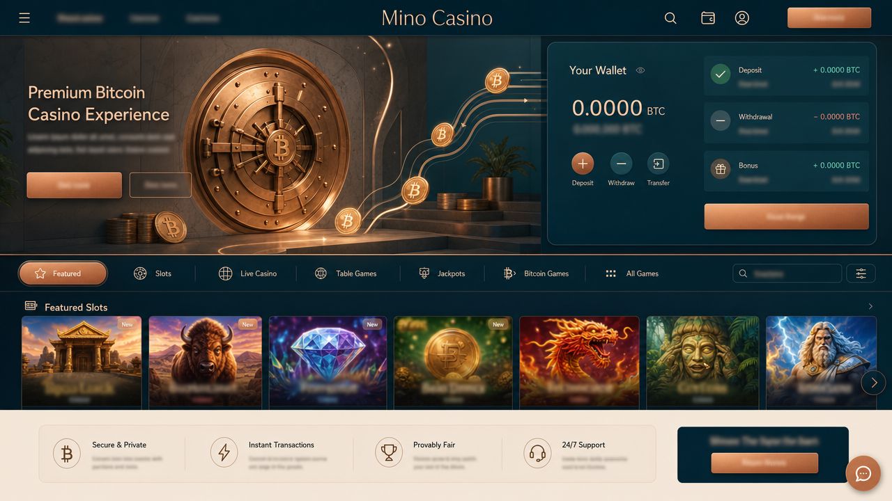 Mino Casino homepage with a Bitcoin wallet widget, game category tabs and slot tiles
